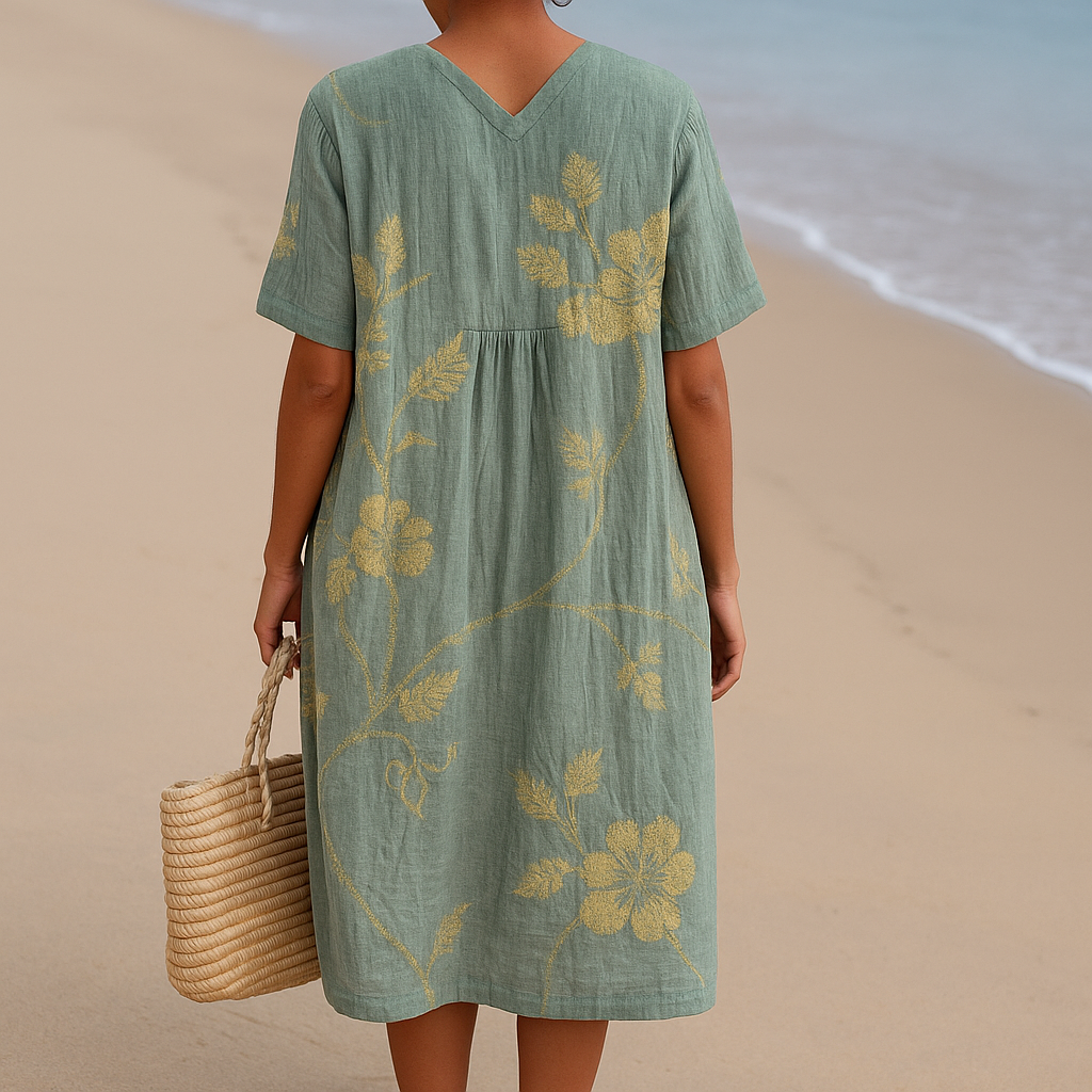 Olivia | Abito blu-grigio con ricami floreali