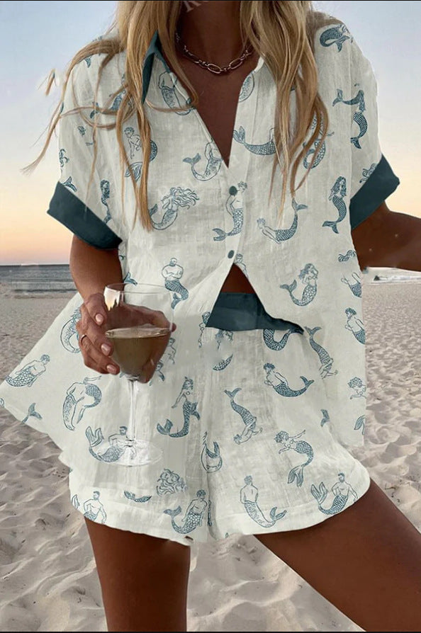 Jalira™ | Completo corto in lino con stampa sirena 