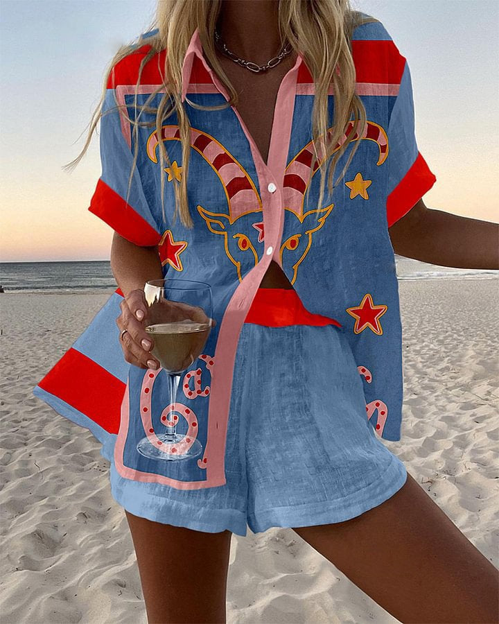 Jorelle™ | Completo corto in lino con stampa capra 