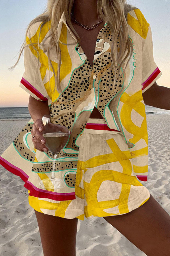 Casima™ | Completo corto in lino con stampa ghepardo 